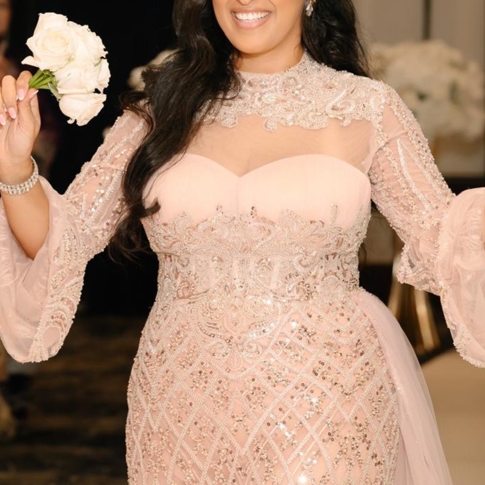 Pink Embellished Gown with Half over skirt / train